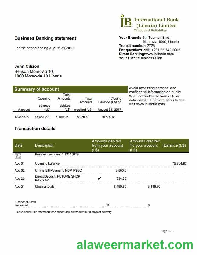 Liberia IB International Bank statement